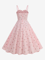 Pink Cherry Print Halter A Line Midi Dress For Women Sweet Summer