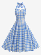 Chic Fitted Blue Plaid Gown With A Line Skirt Perfect For Summer Parties