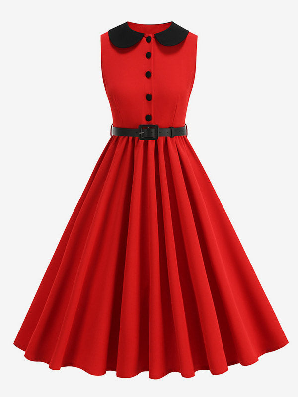 Red Sleeveless Peter Pan Collar A Line Maxi Dress For Women Vintage Chic
