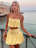 2-Piece Sets Skirt Set Yellow Elegant Straps Neck Pleated Sleeveless Sets