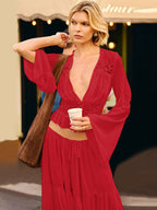 Two Piece Sets Skirt Set Maxi Dresses Apricot Resort Wear Buttons Casual V-Neck Long Sleeves Sets