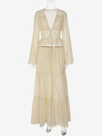 Two Piece Sets Skirt Set Maxi Dresses Apricot Resort Wear Buttons Casual V-Neck Long Sleeves Sets