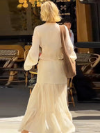 Two Piece Sets Skirt Set Maxi Dresses Apricot Resort Wear Buttons Casual V-Neck Long Sleeves Sets