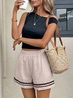 Women's Beige Elastic Waist Shorts With Black Wavy Trim Casual High Waisted Loose Summer Shorts