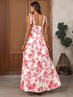 Women's White Red Floral Print Maxi Dress Square Neck Tie Strap Tiered Flowy Summer Beach Dress