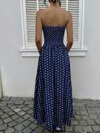 Women's Navy Blue White Polka Dot Strapless Maxi Dress High Waisted A Line Flowy Summer Dress