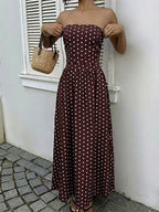 Women's Navy Blue White Polka Dot Strapless Maxi Dress High Waisted A Line Flowy Summer Dress