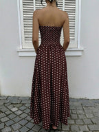 Women's Navy Blue White Polka Dot Strapless Maxi Dress High Waisted A Line Flowy Summer Dress