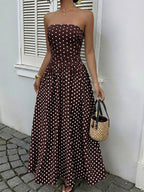 Women's Navy Blue White Polka Dot Strapless Maxi Dress High Waisted A Line Flowy Summer Dress