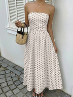 Women's Navy Blue White Polka Dot Strapless Maxi Dress High Waisted A Line Flowy Summer Dress