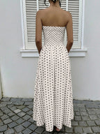 Women's Navy Blue White Polka Dot Strapless Maxi Dress High Waisted A Line Flowy Summer Dress