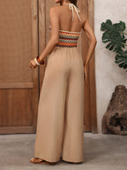 Jumpsuits Khaki Two-Tone V-Neck Sleeveless Strapless Wide Summer One Piece Outfit