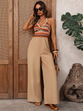 Jumpsuits Khaki Two-Tone V-Neck Sleeveless Strapless Wide Summer One Piece Outfit