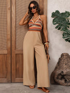 Jumpsuits Khaki Two-Tone V-Neck Sleeveless Strapless Wide Summer One Piece Outfit