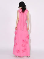 Pink Sleeveless Maxi Dress With 3D Floral Embellishments