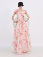 Flattering Pink Rose Patterned Maxi Gown With Asymmetrical Hem