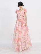 Flattering Pink Rose Patterned Maxi Gown With Asymmetrical Hem