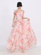 Flattering Pink Rose Patterned Maxi Gown With Asymmetrical Hem
