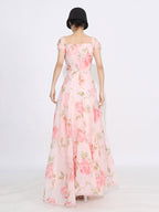 Flattering Pink Rose Patterned Maxi Gown With Asymmetrical Hem