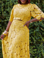 Romantic Yellow Cutout Flower Two Piece Gown For Parties