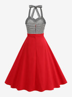 Vintage Chic Red Gingham Halter Maxi Dress