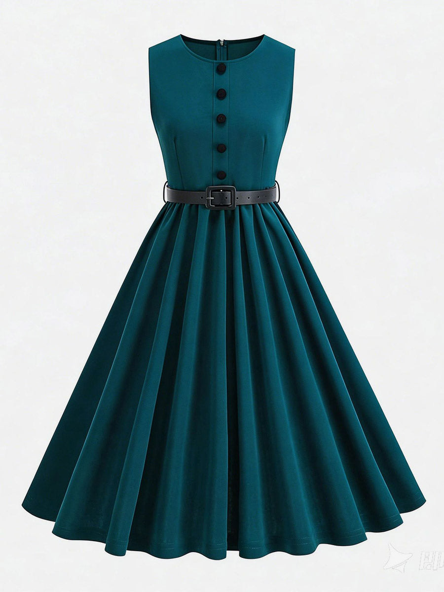 Vintage Chic Red Fitted Waist Midi Dress