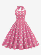 Vintage Chic Pink Polka Dot Halter Midi Dress