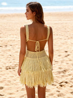 Creamy Yellow Crochet Fringe Cami Mini Dress For Women Boho Beach Style