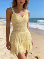 Creamy Yellow Crochet Fringe Cami Mini Dress For Women Boho Beach Style