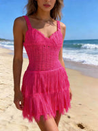 Creamy Yellow Crochet Fringe Cami Mini Dress For Women Boho Beach Style