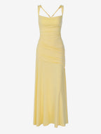 Vacation Dresses Creamy Yellow Ruched Maxi Dress For Women Elegant Evening Style