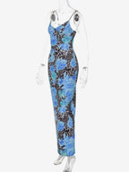 Blue Leopard Print Strapless Maxi Dress For Women Bold Street Style