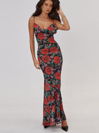 Red Rose Print Spaghetti Strap Maxi Dress For Women Romantic Style