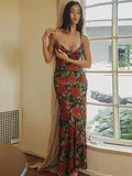 Red Rose Print Spaghetti Strap Maxi Dress For Women Romantic Style