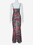 Red Rose Print Spaghetti Strap Maxi Dress For Women Romantic Style