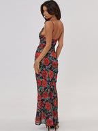 Red Rose Print Spaghetti Strap Maxi Dress For Women Romantic Style