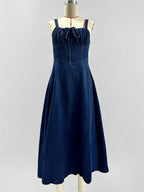 Navy Blue Square Neck Spaghetti Strap Midi Dress For Women Classic Elegance