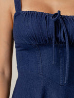 Navy Blue Square Neck Spaghetti Strap Midi Dress For Women Classic Elegance