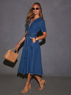 Navy Blue Denim Short Sleeve Midi Dress For Women Classic Casual