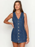 Navy Blue V Neck Sleeveless Denim Mini Dress For Women Retro Chic