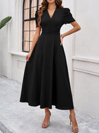 Burgundy Puff Sleeve V Neck Midi Dress For Women Elegant Chic