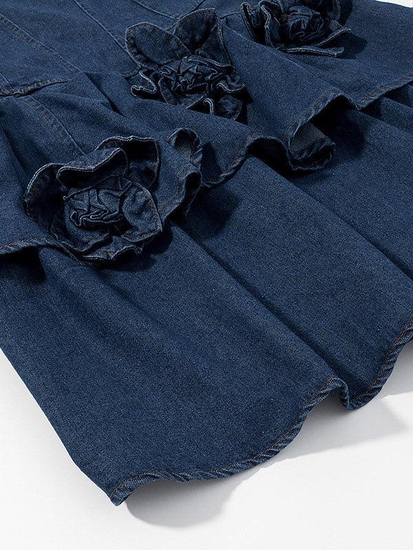 Navy Blue Sleeveless Denim Mini Dress With Ruffle Hem For Women