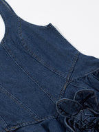 Navy Blue Sleeveless Denim Mini Dress With Ruffle Hem For Women