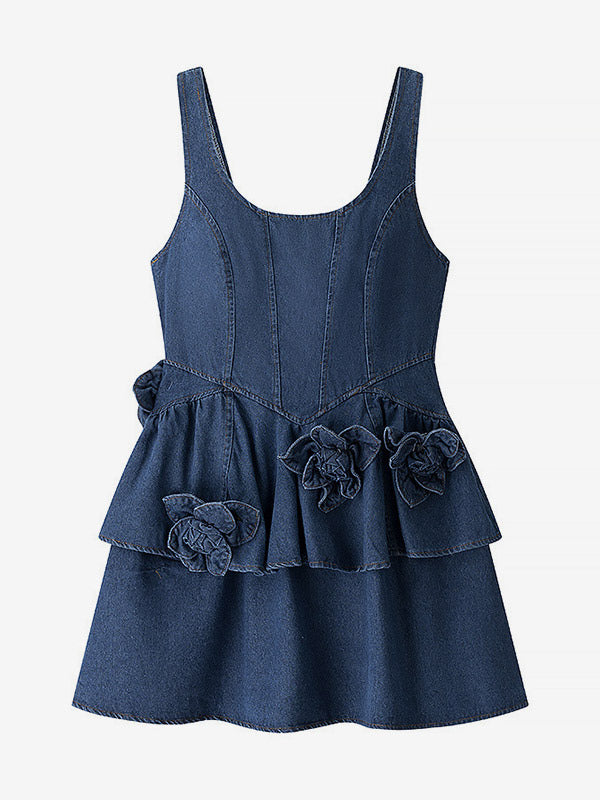 Navy Blue Sleeveless Denim Mini Dress With Ruffle Hem For Women