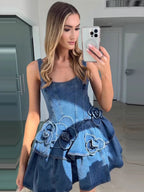 Navy Blue Sleeveless Denim Mini Dress With Ruffle Hem For Women