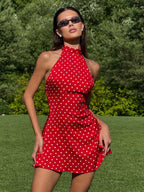 Chic Fitted Red Gown With Polka Dots Perfect For Summer Parties