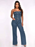 Jumpsuits Blue Strapless Sleeveless Denim Flared Summer One Piece Outfit