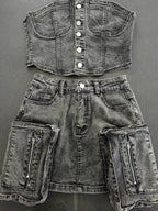 2-Piece Sets Skirt Set Light Sky Blue Sexy Street Wear Strapless Summer Sets