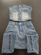 2-Piece Sets Skirt Set Light Sky Blue Sexy Street Wear Strapless Summer Sets