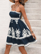Women's Navy Blue White Print Spaghetti Strap Mini Dress Sleeveless A Line Summer Beach Dress